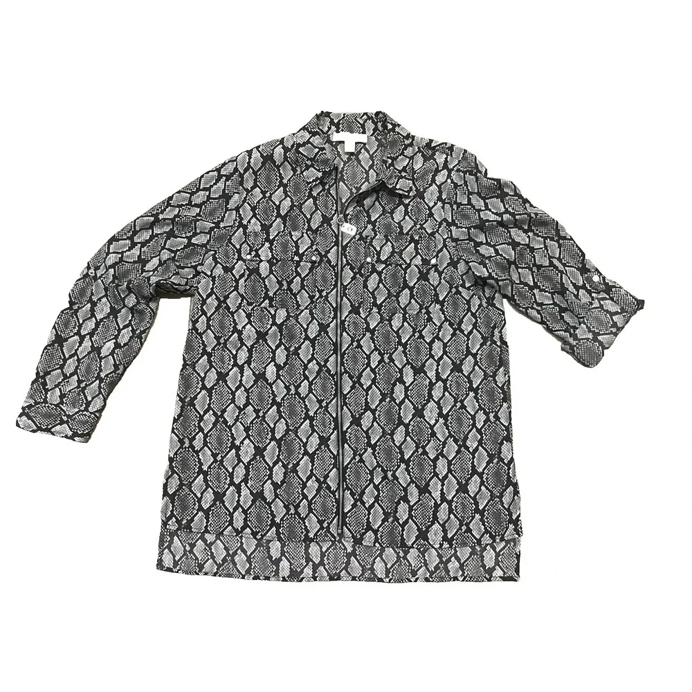Michael Kors Silver Metal Zip Front  Roll Up LS Blouse Snake Print  Large